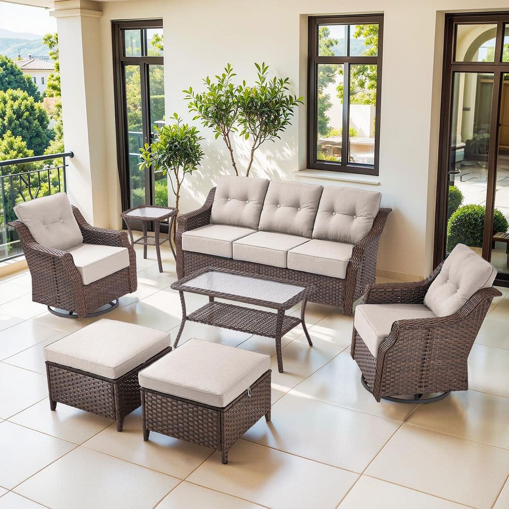 Circle Brown 7-Piece Wicker Patio Conversation Seating Set with Beige Cushions, Outdoor Sofa set with Swivel Chairs price history on PriceWatchPro
