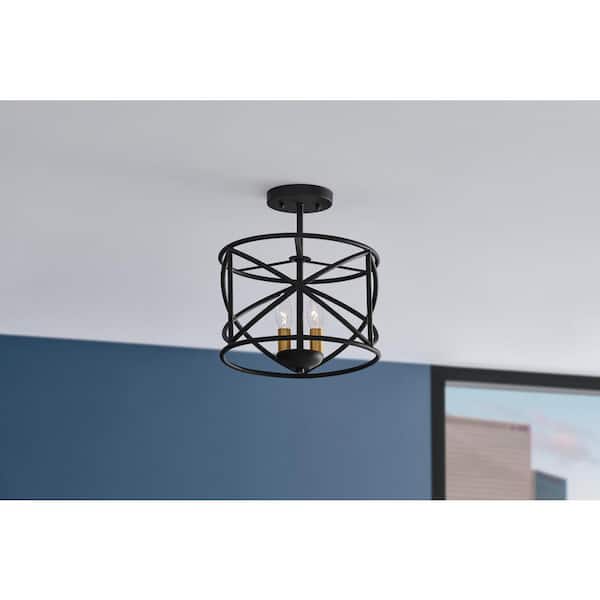 Hampton Bay Hastings 13.5 in. 2-Light Matte Black Modern Entryway Semi-Flush Mount with Open Cage Design