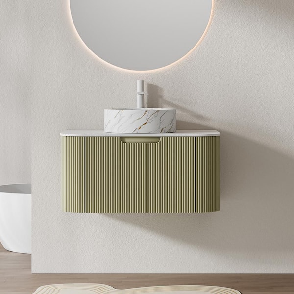 Baye 30 in. W Floating Light Green Bath Vanity with White Textures Ceramic Sink and Engineered Marble Top Unassembled