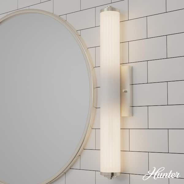 Hunter Holly Grove 24 in. 2-Light Brushed Nickel Vanity Light with Cased White Ribbed Glass Shades