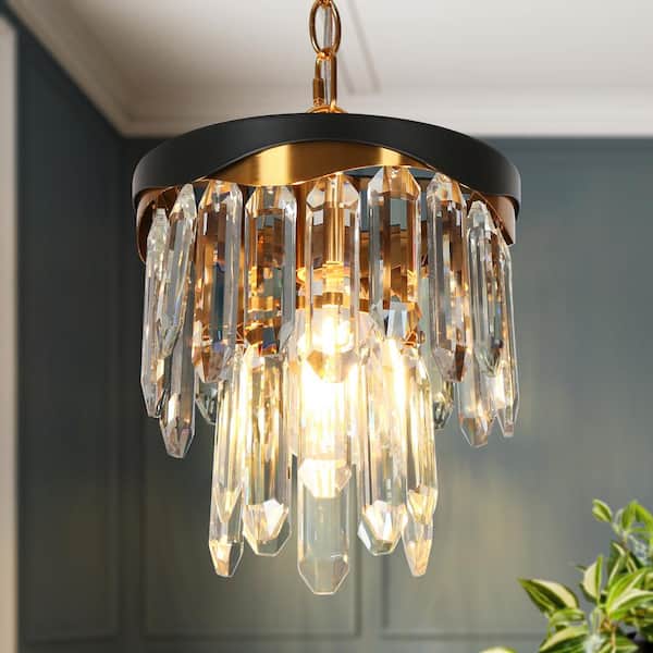 LNC Zephyrine 1-Light Matte Black and Plating Brass Tiered Pendant Light with Crystals and No Bulb Included