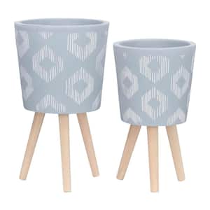 Gray Polyresin Planters with Wood Stands (2-Pack)
