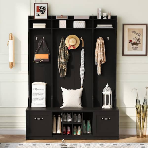 Unbranded 58.8 in. W x 17.7 in. D x 76.7 in. H Black Wood Hall Tree with Coat Rack, 7-Hooks, 2-Drawers and Adjustable Shelves