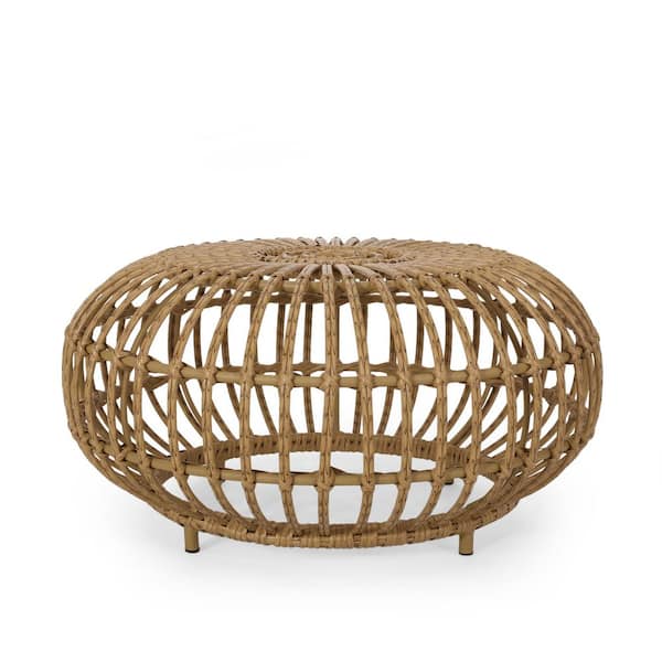 Unbranded Light Brown Wicker Boho Outdoor Coffee Table-Handwoven PE Rattan Indoor/Outdoor Ottoman Table with Open Weave Design
