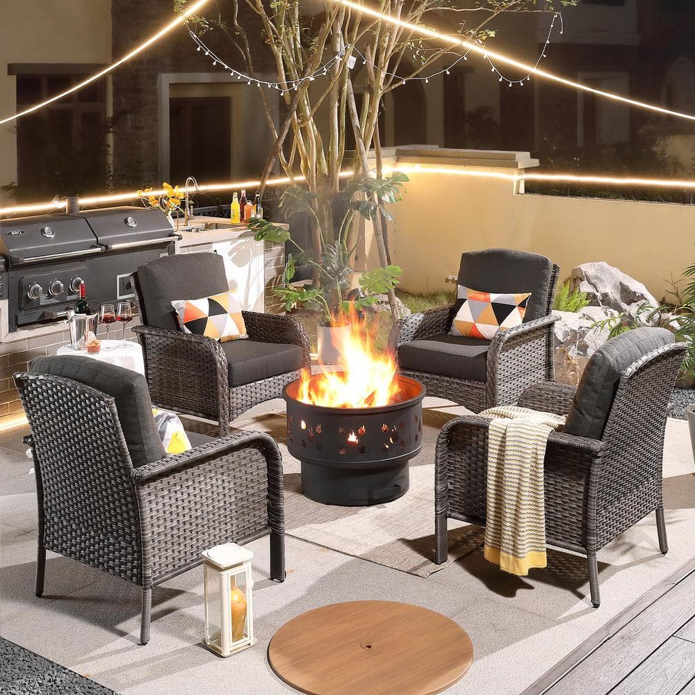 Venice Gray 5-Piece Wicker Outdoor Patio Conversation Chair Set with a Wood-Burning Fire Pit and Black Cushions -  HOOOWOOO, WFP-HGDS105