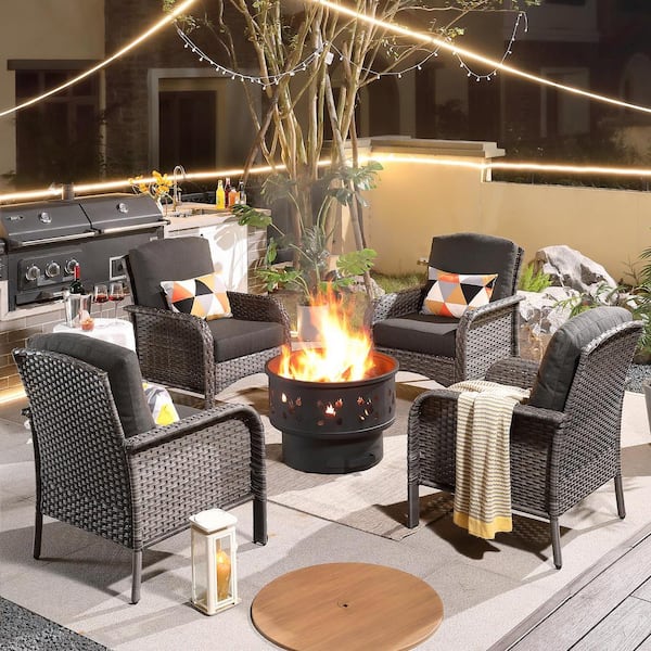 HOOOWOOO Venice Gray 5-Piece Wicker Outdoor Patio Conversation Chair Set with a Wood-Burning Fire Pit and Black Cushions