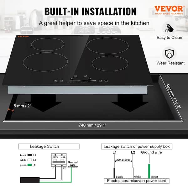 VEVOR Built in Electric Stove Top 23.2 x 20.5 inch 4 Burners 240V Glass Radiant Cooktop with Sensor Touch Control Timer & Child Lock Included 9