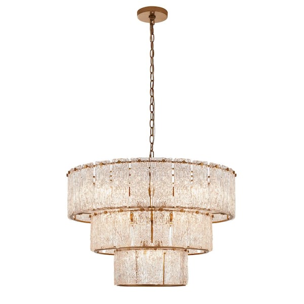KAWOTI 8-Light Distressed Gold 3-Tiered Chandelier Light Fixture with Glass Shade