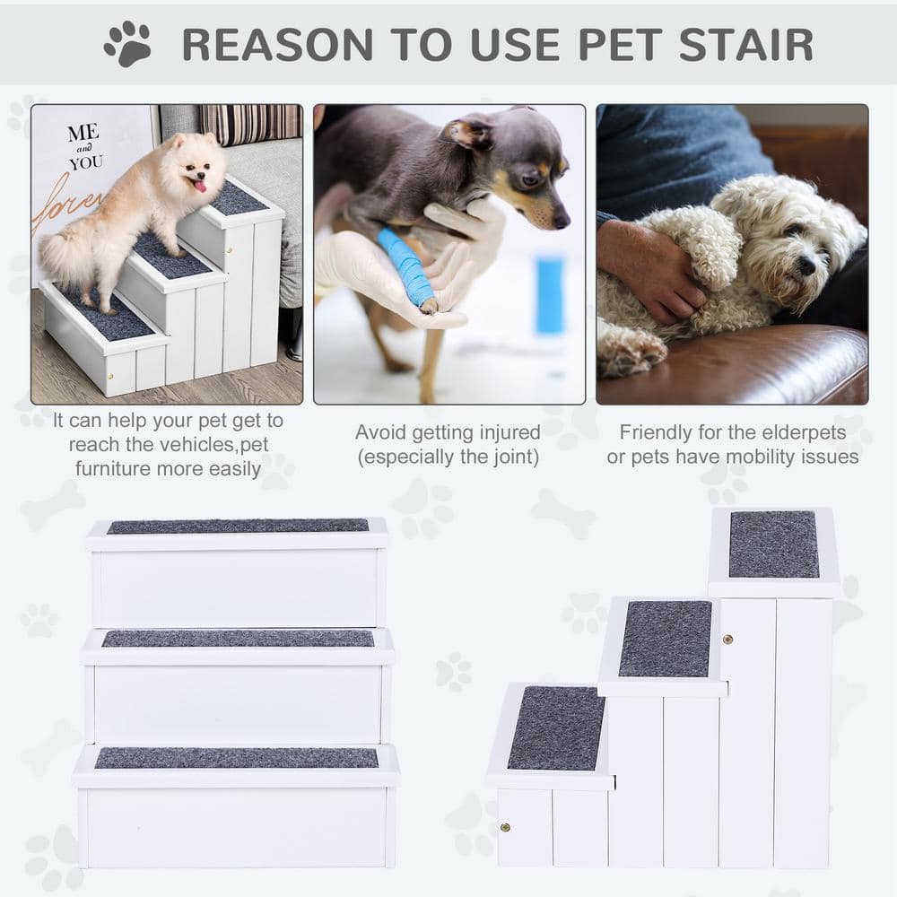 White Wooden 3-Step Pet Stairs with Carpet and Storage