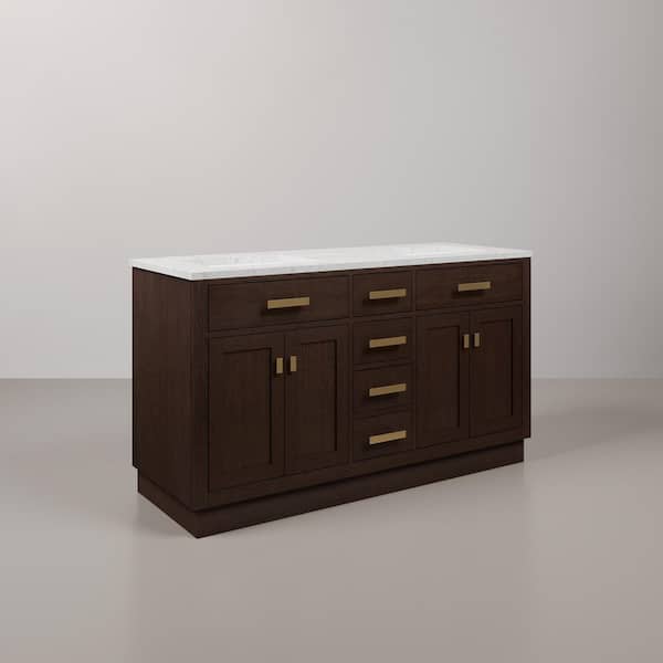Chestnut 60 in. W x 21.5 in. D x 34.2 in. H Double Sink Bath Vanity in Brown Oak with Carrara White Marble Top