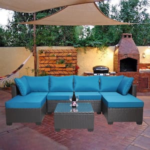 Black 7-Piece Wicker Patio Conversation Set with Peacock Blue Cushions and Coffee Table