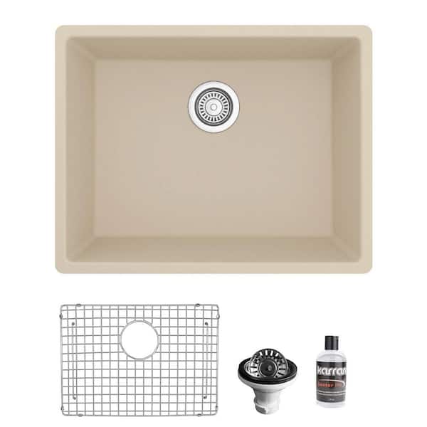 Karran QU- 820 Quartz/Granite 24.38 in. Single Bowl Undermount Kitchen Sink in Bisque with Bottom Grid and Strainer