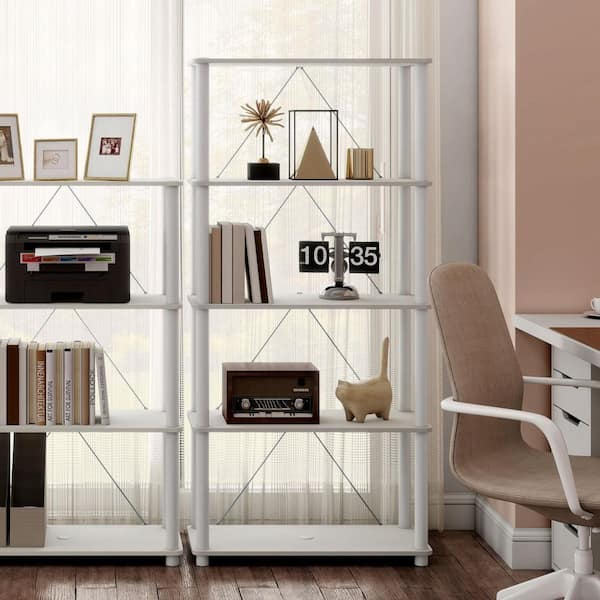 Quincy 58.2 in. Tall White Engineered Wood Wide 5-Shelf Modular Bookcase With Support Rods