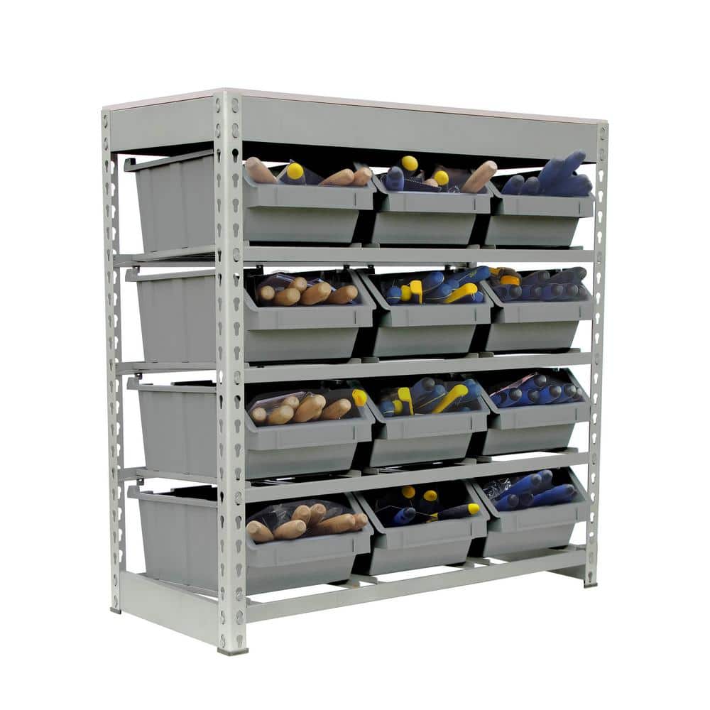 Gray 4-Tier Metal Organizer Shelving Rack with 12 Bins