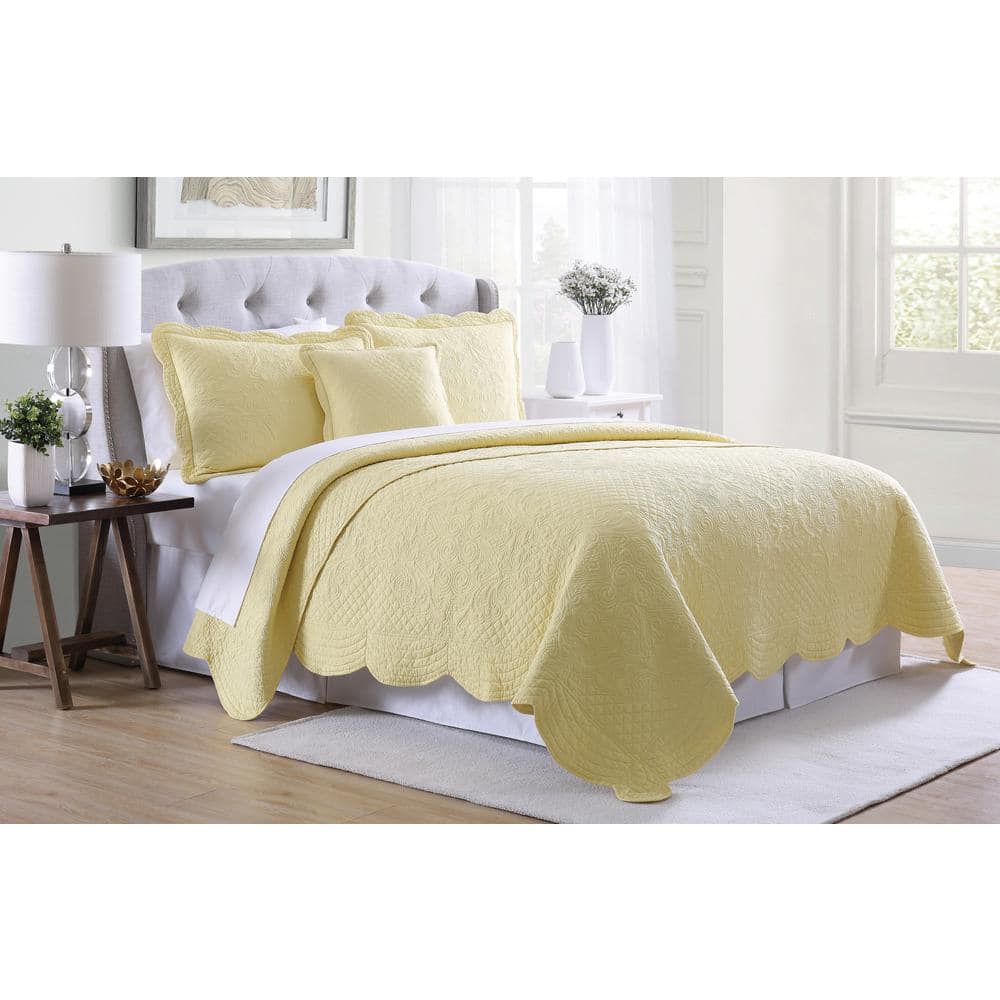 Yellow Twin Cotton Scalloped Quilt Set with Shams