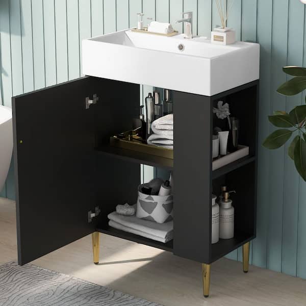 21.6" Black Bathroom Vanity with Ceramic Sink, Right Side Storage, MDF Cabinet, Gold Metal Legs