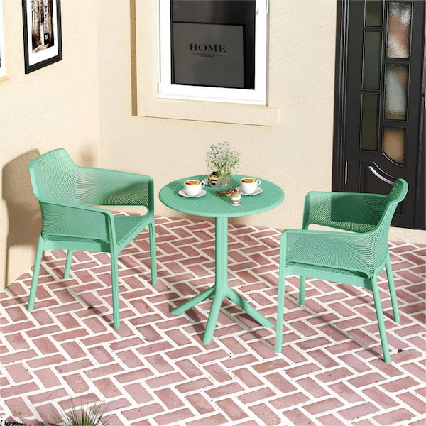Unbranded 3-Piece Outdoor Plastic Arm Chair Bistro Set for Garden, Poolside Army Green, Minimalistic Aesthetic and Functionality