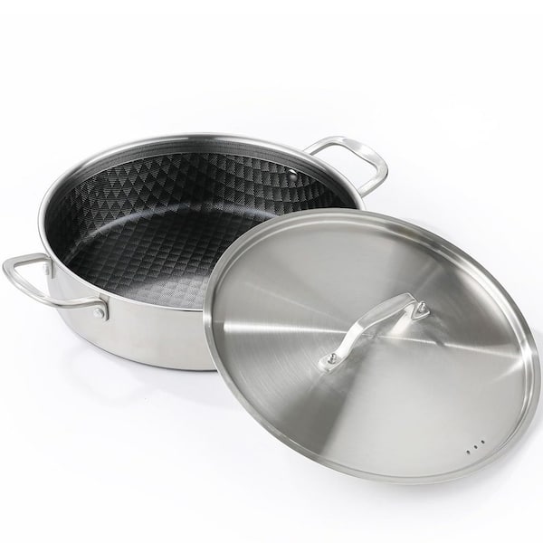 8 qt. Tri-Ply Stainless Steel Non-Stick Braiser Pan with Lid, 13.18 in. Deep Frying Pan, Large Saute Pan, Jumbo Cooker
