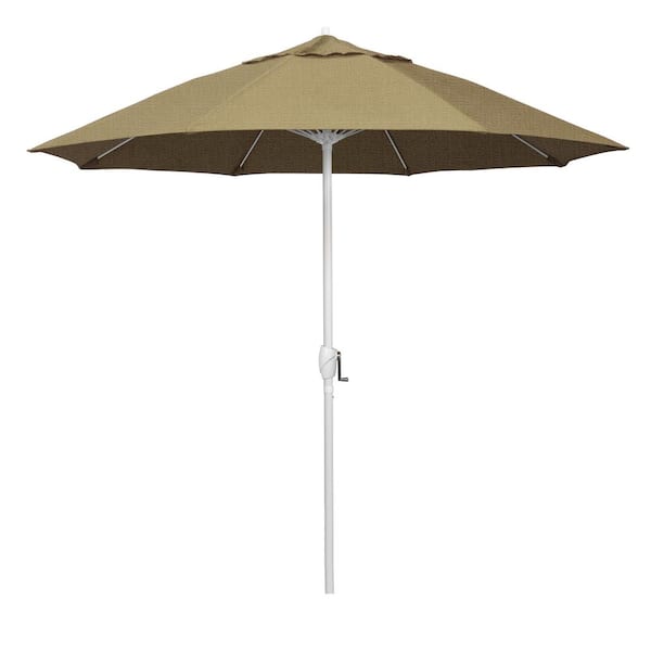California Umbrella 9 ft. Matted White Aluminum Market Patio Umbrella Fiberglass Ribs and Auto Tilt in Linen Sesame Sunbrella