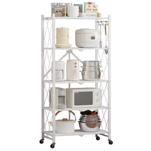 5-Tier White Foldable Metal Rack Storage Shelving Unit, Kitchen Shelf Pantry Organizer with Wheels
