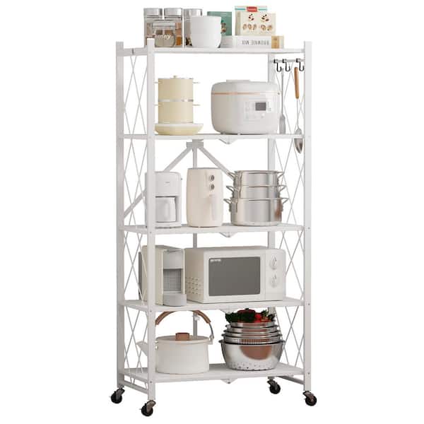 Bunpeony 5-Tier White Foldable Metal Rack Storage Shelving Unit, Kitchen Shelf Pantry Organizer with Wheels