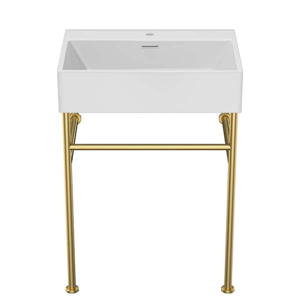 Wynnt Modern 24 in. Ceramic Console Sink with Stainless Steel in Golden Legs White Basin