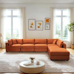 Marley 105.9 in. Square Arm 6-Piece Velvet Pillow Back Modular Sectional Sofa in Burnt Orange