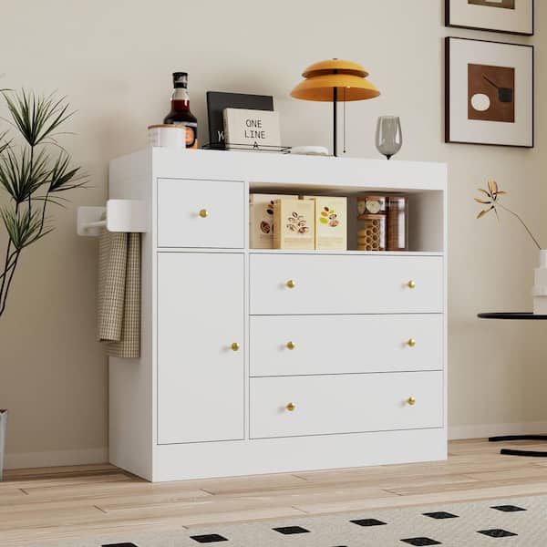 white nursery dresser with changing table 47" Wide 5-Drawer and for Nursery, Modern Kids' Bedroom Chest of Drawers tipping safety standards Famapy White Changing Table With