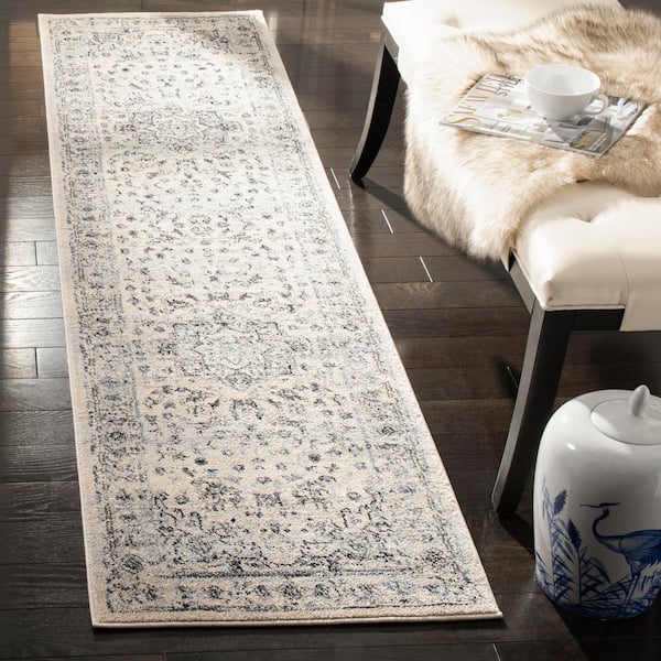 Charleston Ivory/Light Blue 2 ft. x 6 ft. Distressed Border Runner Rug