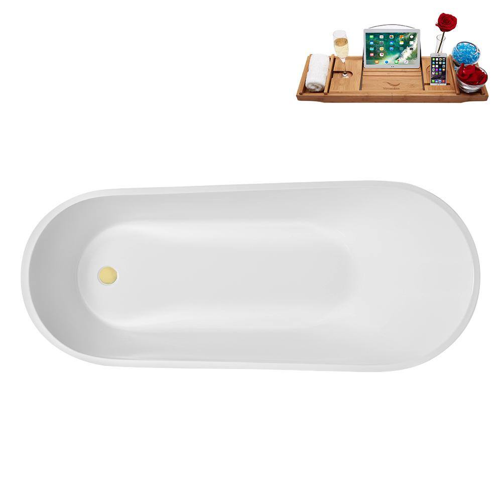 67" Glossy White Acrylic Freestanding Soaking Tub with Polished Brass Drain and Bamboo Tray