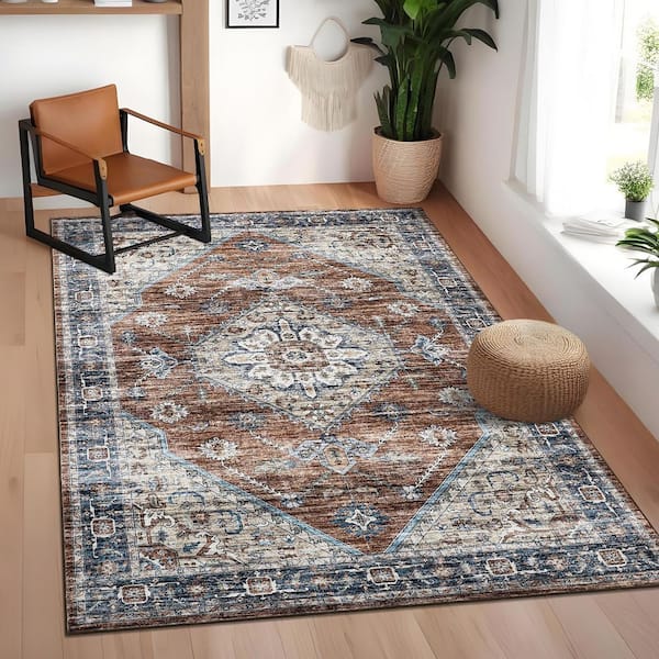 Vintage Printed Rug Distressed Floral Carpet Soft Non-slip Thin Carpet for Bedroom Living Room Farmhouse Red，5X7ft