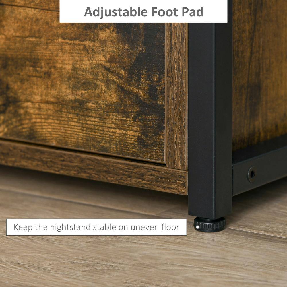 Rustic Brown Wood and Black Steel Side Table with Storage Drawers