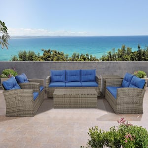 6-Piece Wicker Outdoor Patio Conversation Furniture Set with Blue Cushions