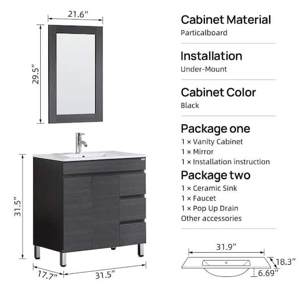 Wonline 32 in. W x 19 in. D x 60 in. H Single Sink Bath Vanity in Black with Ceramic Vessel Sink Top and Mirror