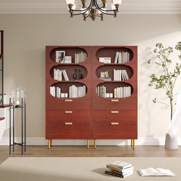 BYBLIGHT Eulas 70.87 in. Tall Dark Walnut Wood Bookcase with 3-Tier Open Storage Shelves and 3 Storage Drawers