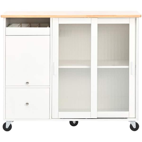 WarmieHomy Kitchen Cart with Drop Leaf, LED Light Kitchen Island on Wheels with 2-Fluted Glass Doors and 1-Flip Door in White