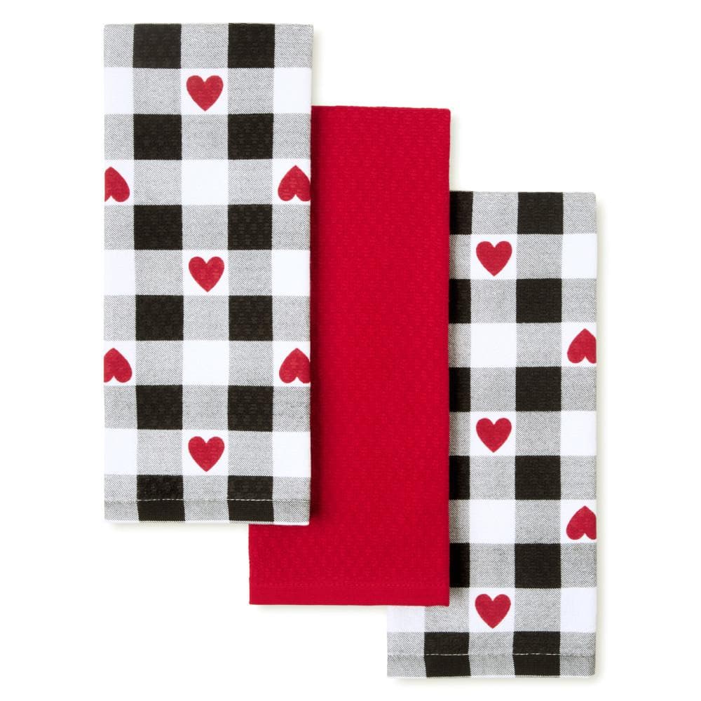 MARTHA STEWART Love Check Gingham Hearts Black/White/Red Cotton 16 in. x 28 in. Kitchen Towel Set (3-Pack)