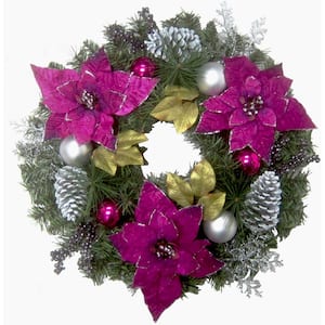 24 in. Artificial Christmas Wreath with Faux Poinsettia Blooms, Ornaments, and Pinecones