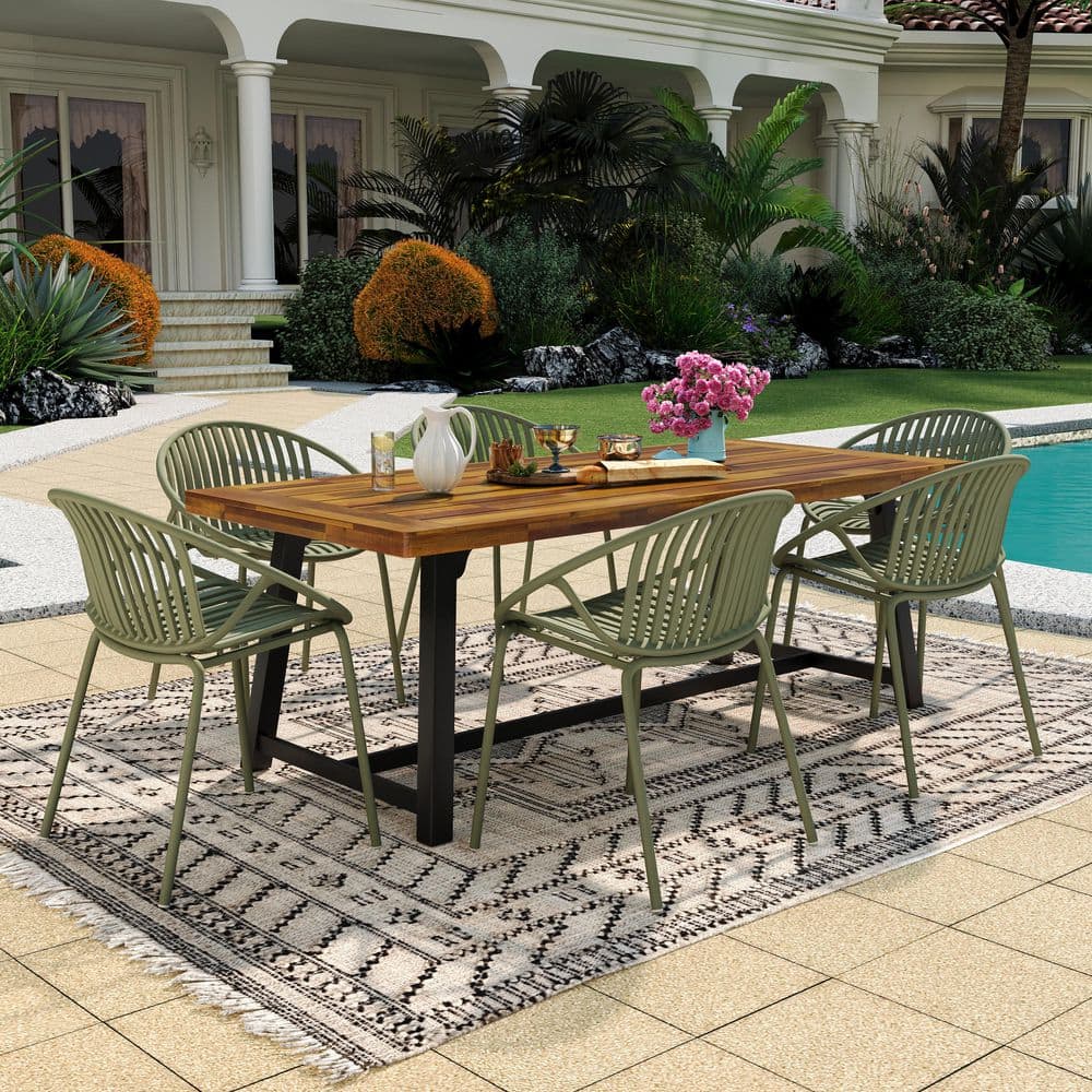 Ursula 7-Piece Polypropylene and Metal Outdoor Patio Dining Set with Wood Dining Table, Green+Black+Teak