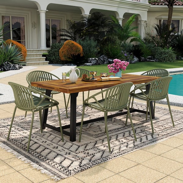 Ursula 7-Piece Polypropylene and Metal Outdoor Patio Dining Set with Wood Dining Table, Green+Black+Teak