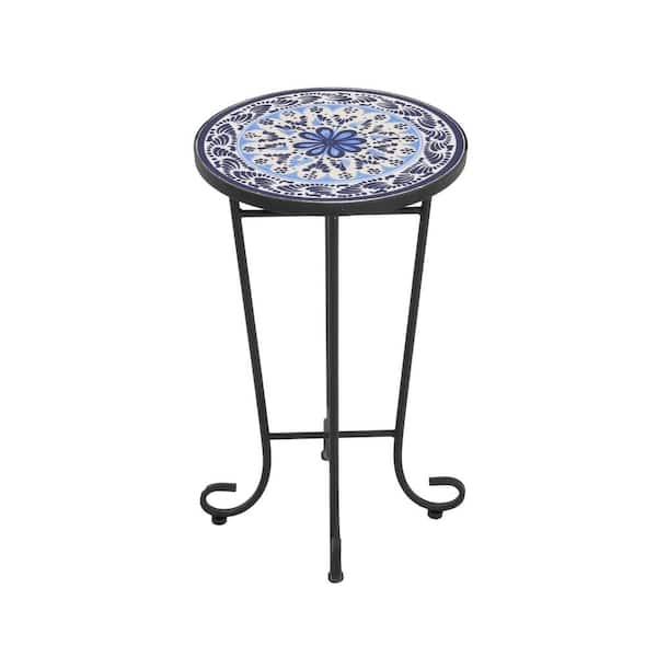 Black Blue Round Ceramic Outdoor Side Table