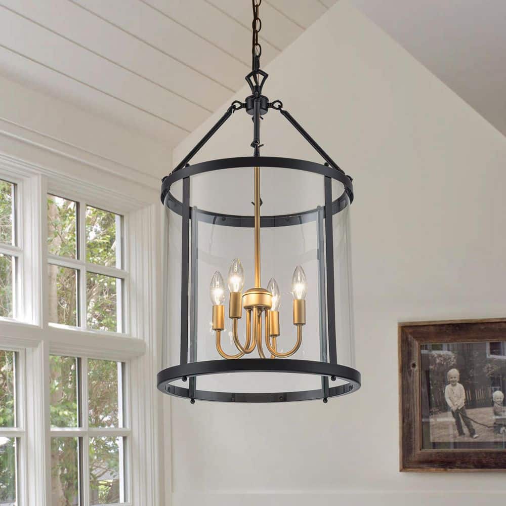 Ellison Industrial 4-Light Black Lantern Geometric Chandelier with Glass Shade price history on PriceWatchPro