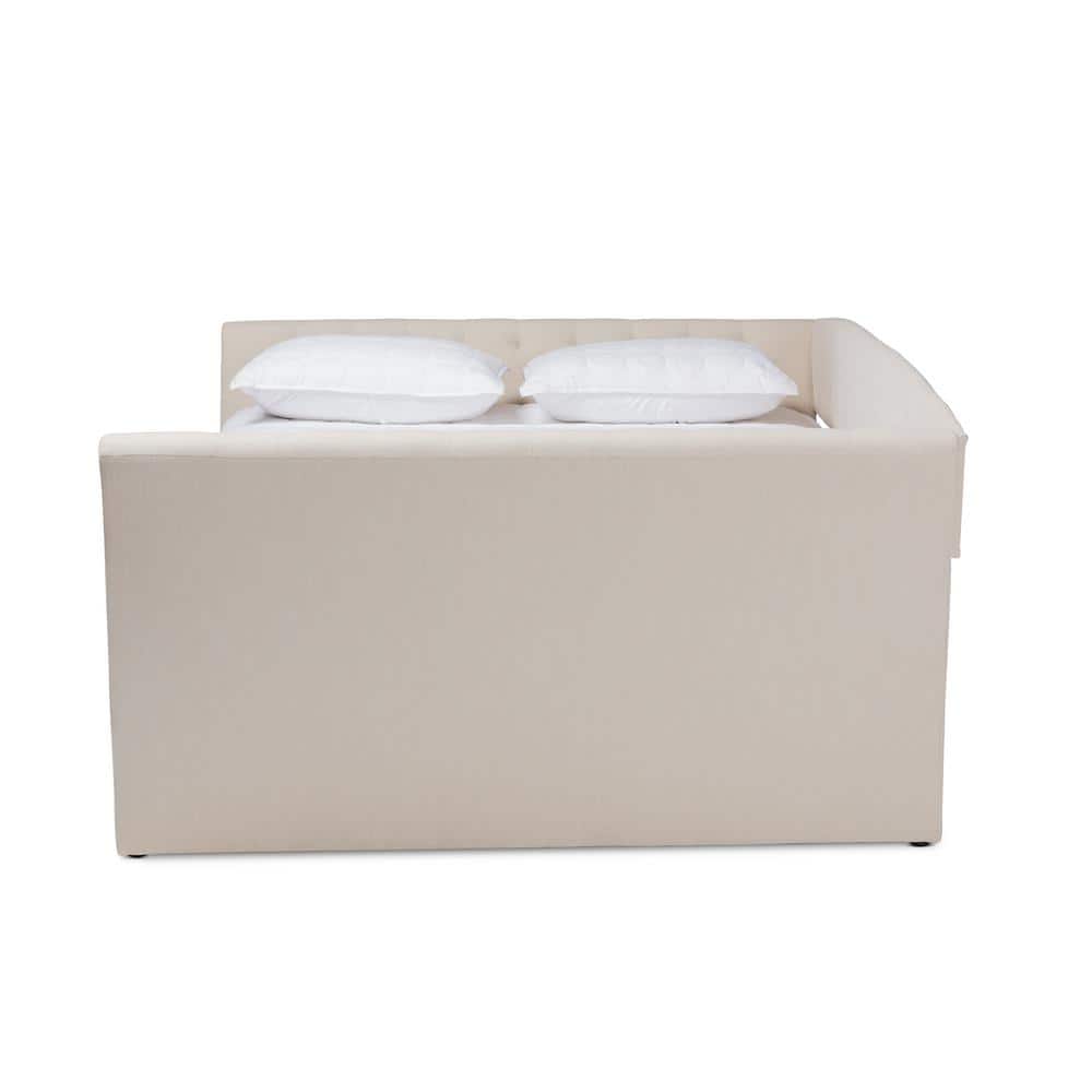 Beige Upholstered Full Daybed with Trundle and Tufted Design