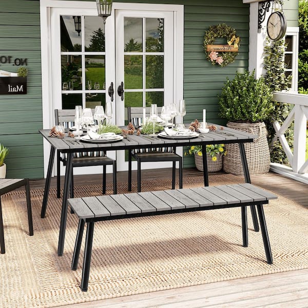 49.45 in. Gray Rectangular Aluminum Outdoor Patio Dining Benches with Round Corner and Adjustable Feet