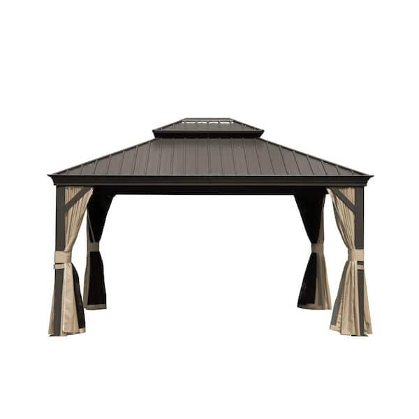 12 ft. x 10 ft. Hardtop Gazebo Outdoor Aluminum Gazebos Grill with Galvanized Steel Canopy, Curtains and Netting,Brown
