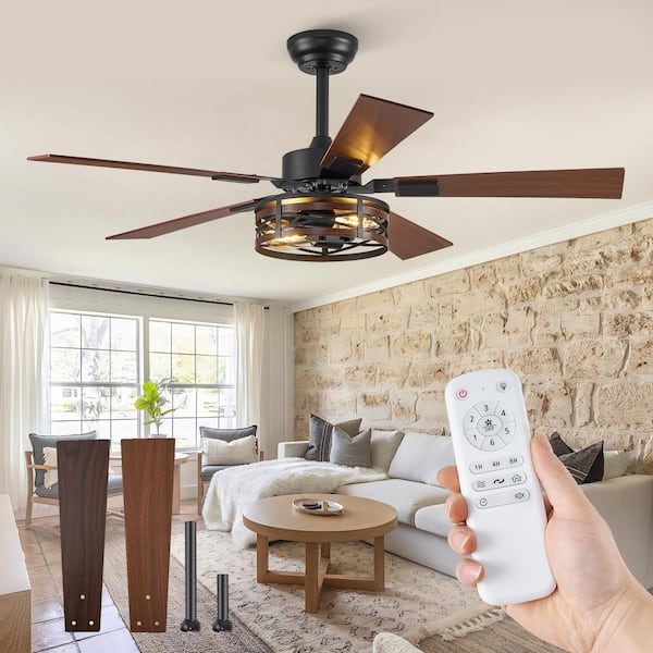 48 in. Indoor Black Farmhouse Dual Finish 5 Blades 6-Speed Rustic Caged Ceiling Fan with Light Kit and Remote Control
