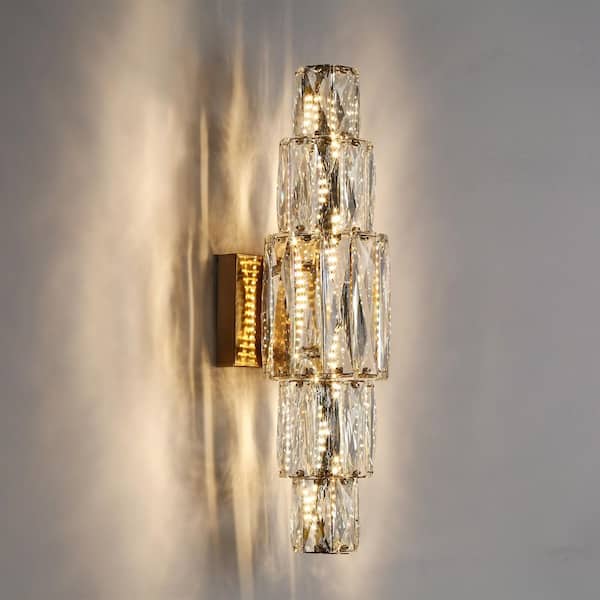 Modern 1-Light Plated Brass LED Dimmable Crystal Wall Sconce, Glam Decorative Linear/Cylinder Wall Light for Living Room