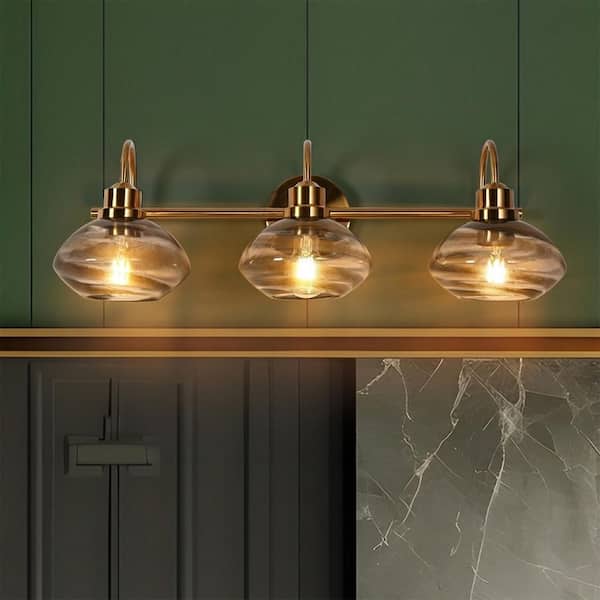 25.6 in. 3-Light Modern Farmhouse Brass Bathroom Vanity Light with Hand-Blown Cloudy Glass Shades Glam Powder Room Light