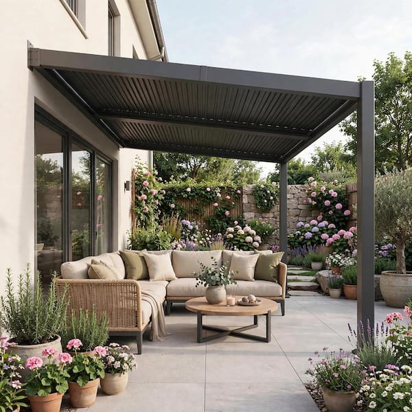 10 ft. x 12 ft. Grey Aluminum Outdoor Wall-mounted Louvered Pergola with Individual Adjustable Sunshade Roofs