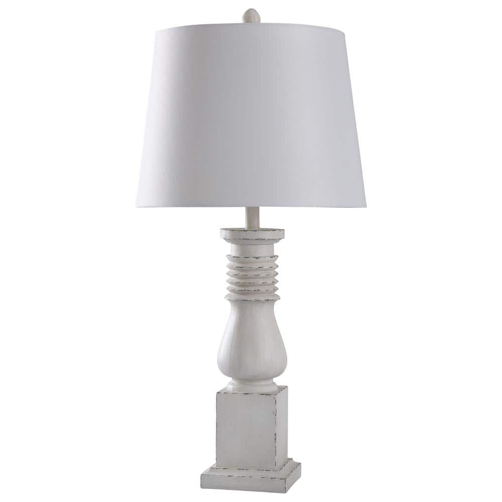 33" White Distressed Cast Table Lamp with Fabric Shade